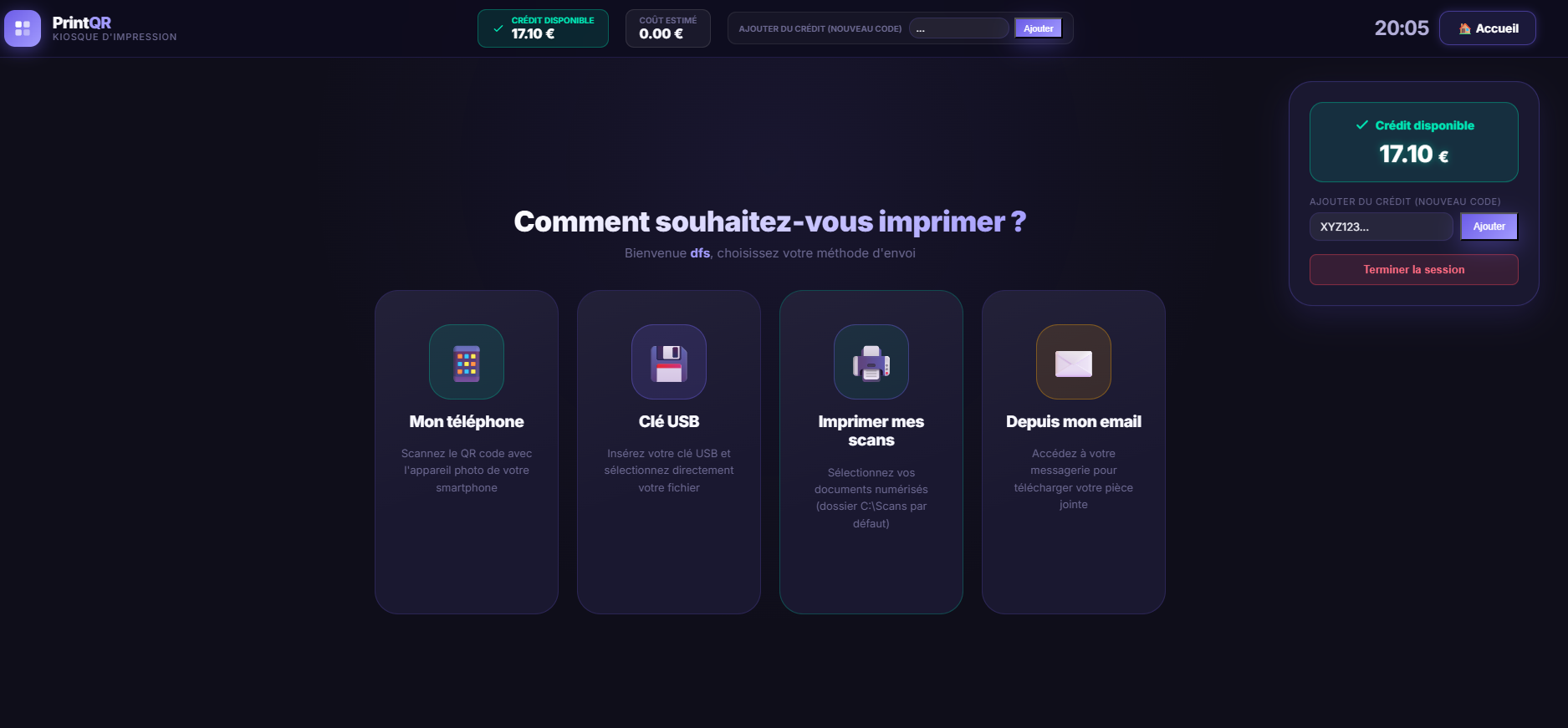 Écran de choix de la source d'impression : téléphone, clé USB ou email